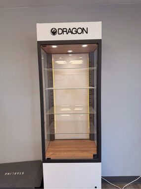 DRAGON Glass Display Cabinet in White with Wood Base
